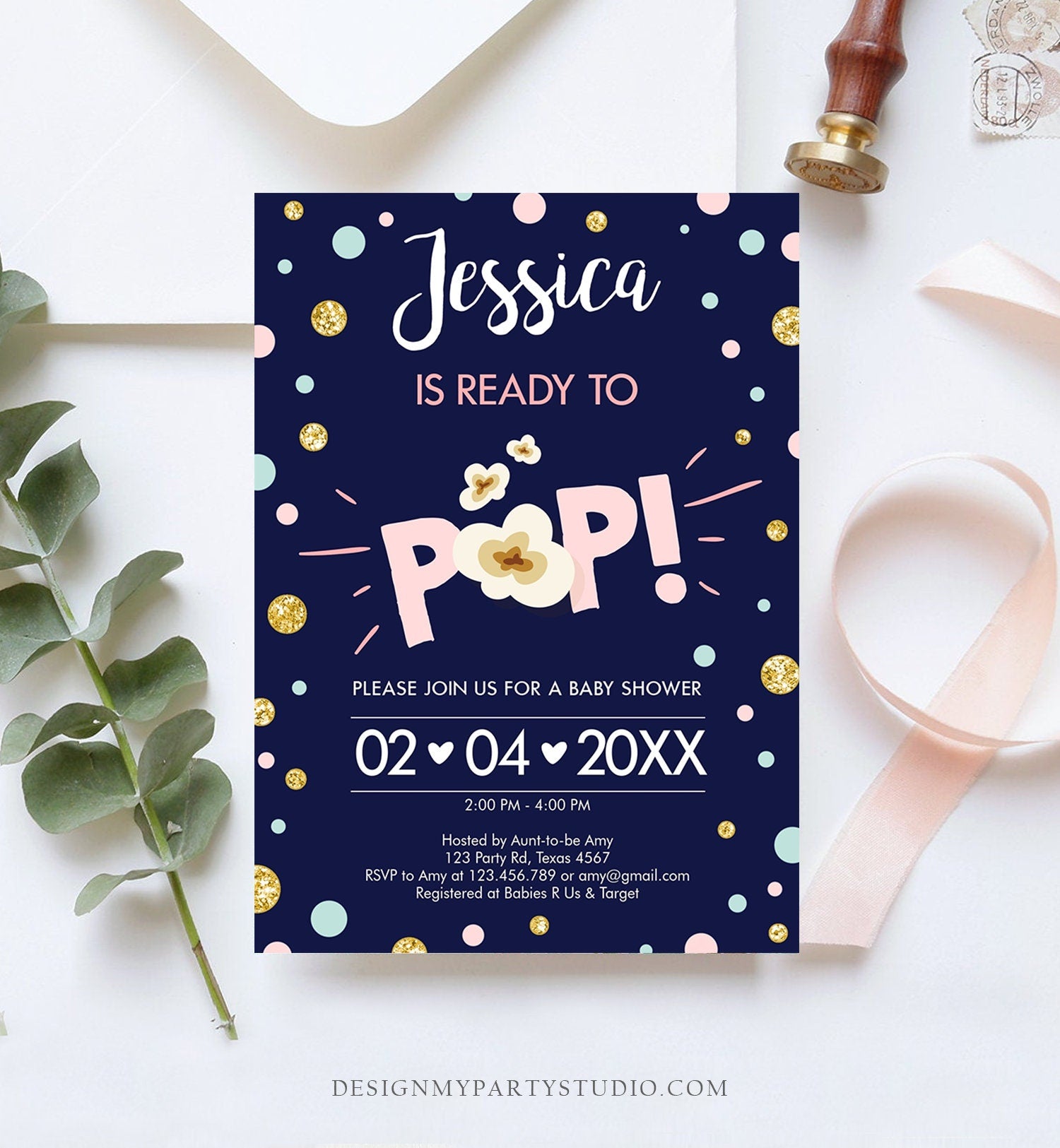 Editable Ready to Pop Baby Shower Invitation Girl Pink Gold Popcorn Confetti Pop Balloon Download Printable Template Digital Corjl 0211