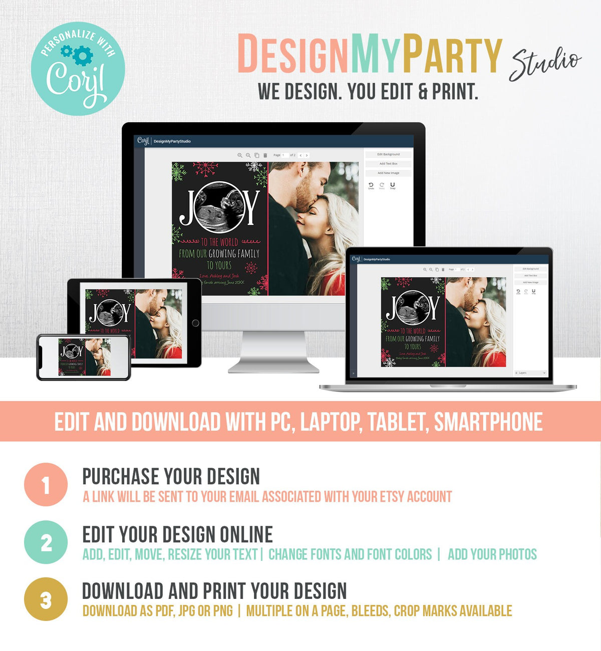 Editable Christmas Pregnancy Announcement Grandparents Joy Family Pregnancy Reveal Photo Ultrasound Printable Invitation Template Corjl