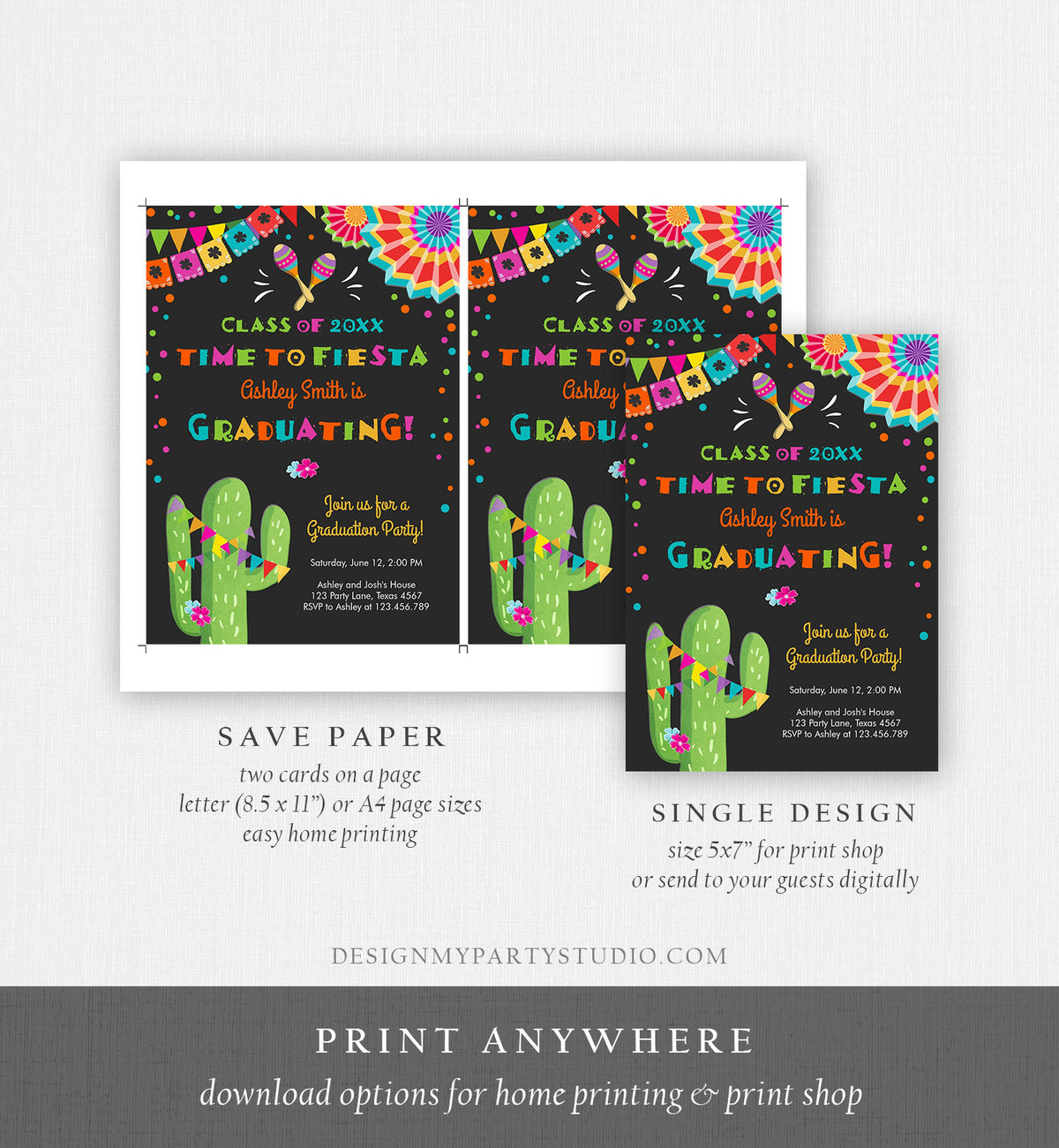Editable Time to Fiesta Graduation Party Invitation Cactus Let&#39;s Fiesta Grad Mexican Graduate Graduating College School Corjl Template 0045