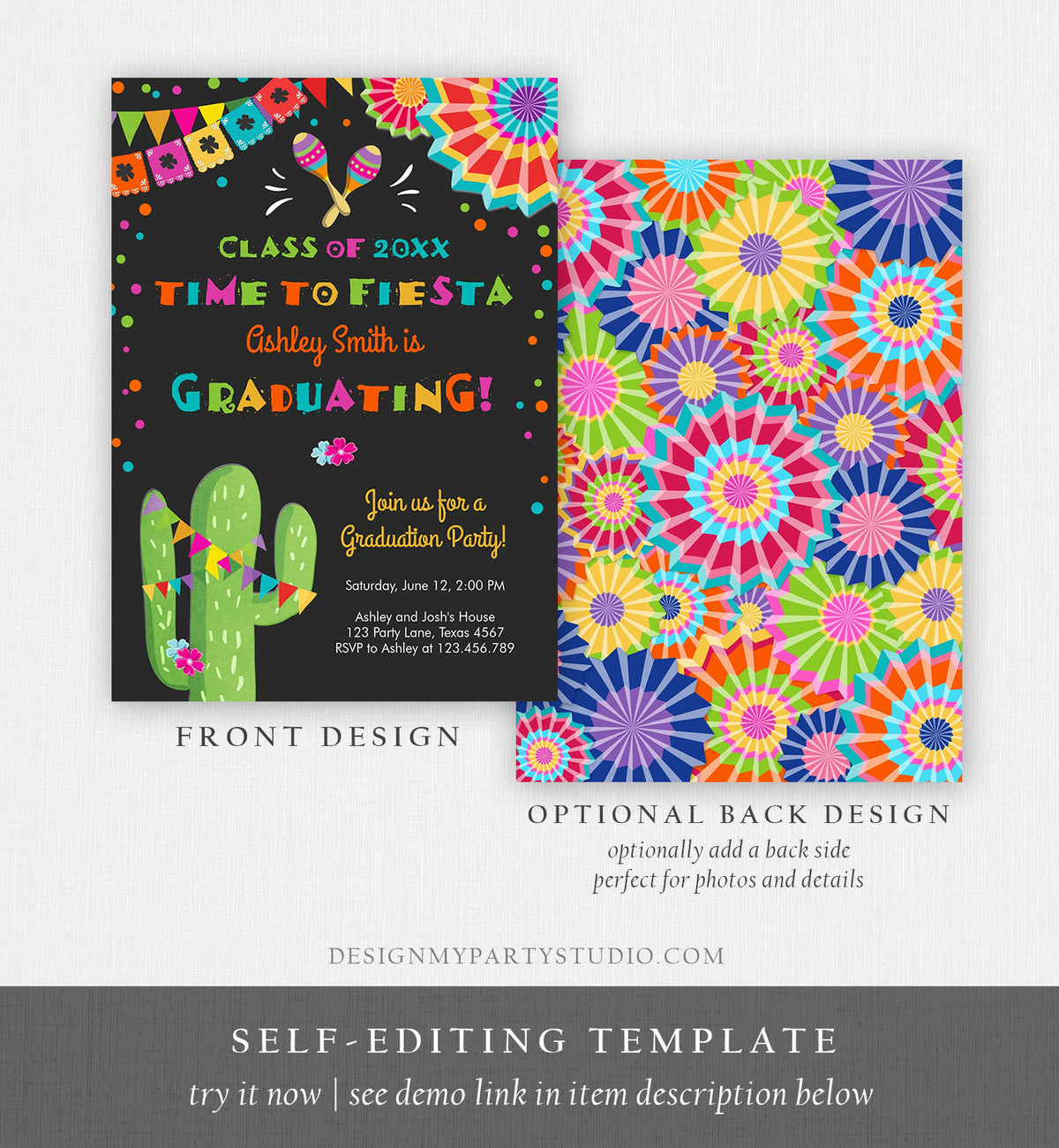 Editable Time to Fiesta Graduation Party Invitation Cactus Let&#39;s Fiesta Grad Mexican Graduate Graduating College School Corjl Template 0045