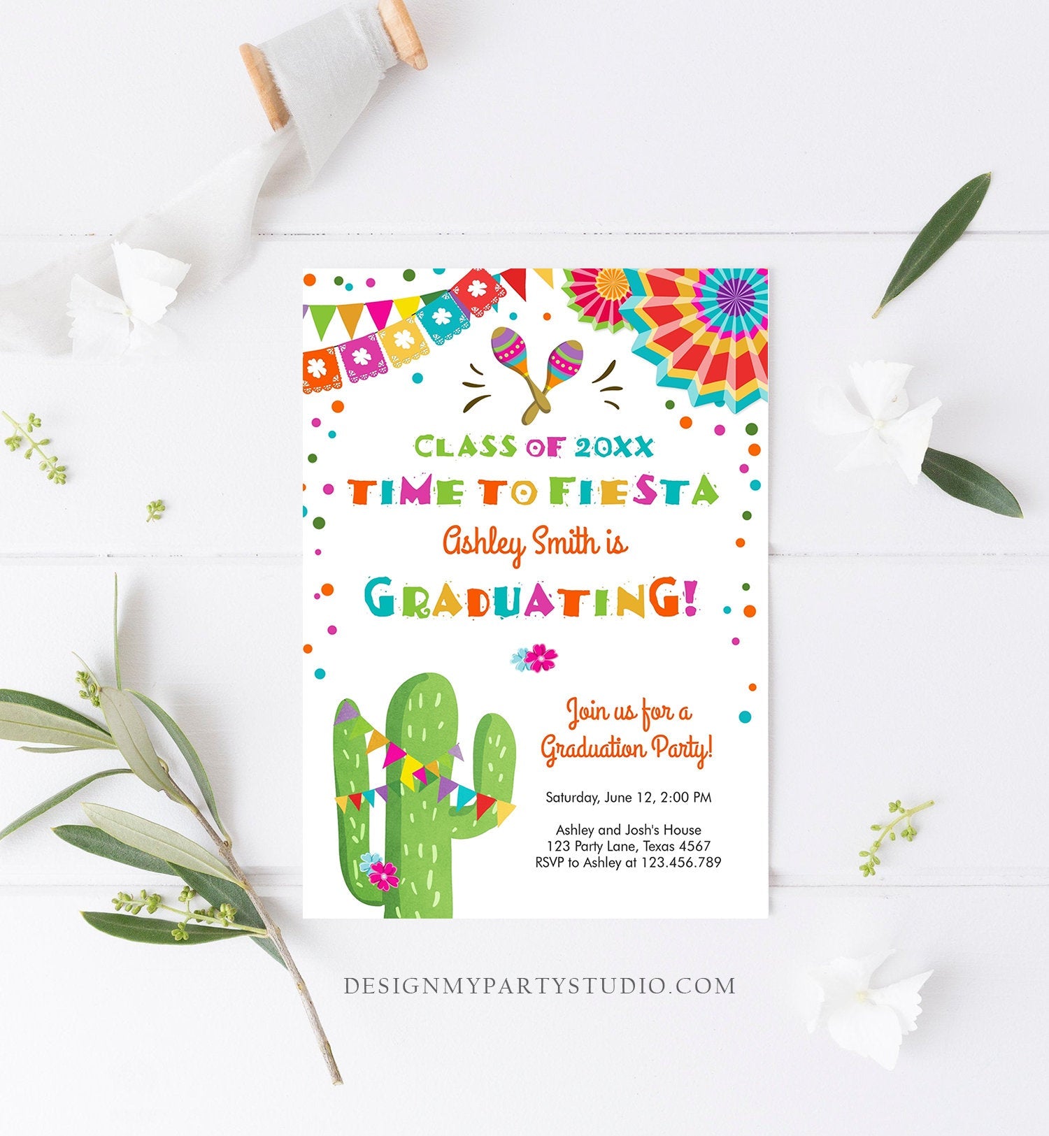 Editable Time to Fiesta Graduation Party Invitation Cactus Let's Fiesta Grad Mexican Graduate Graduating College School Corjl Template 0045