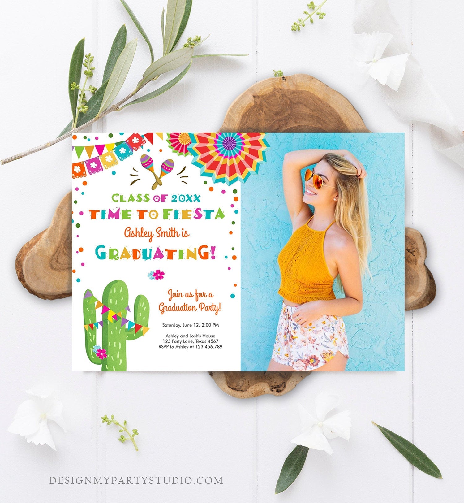 Editable Time to Fiesta Graduation Party Invitation Cactus Let's Fiesta Grad Mexican Graduate Graduating College School Corjl Template 0045