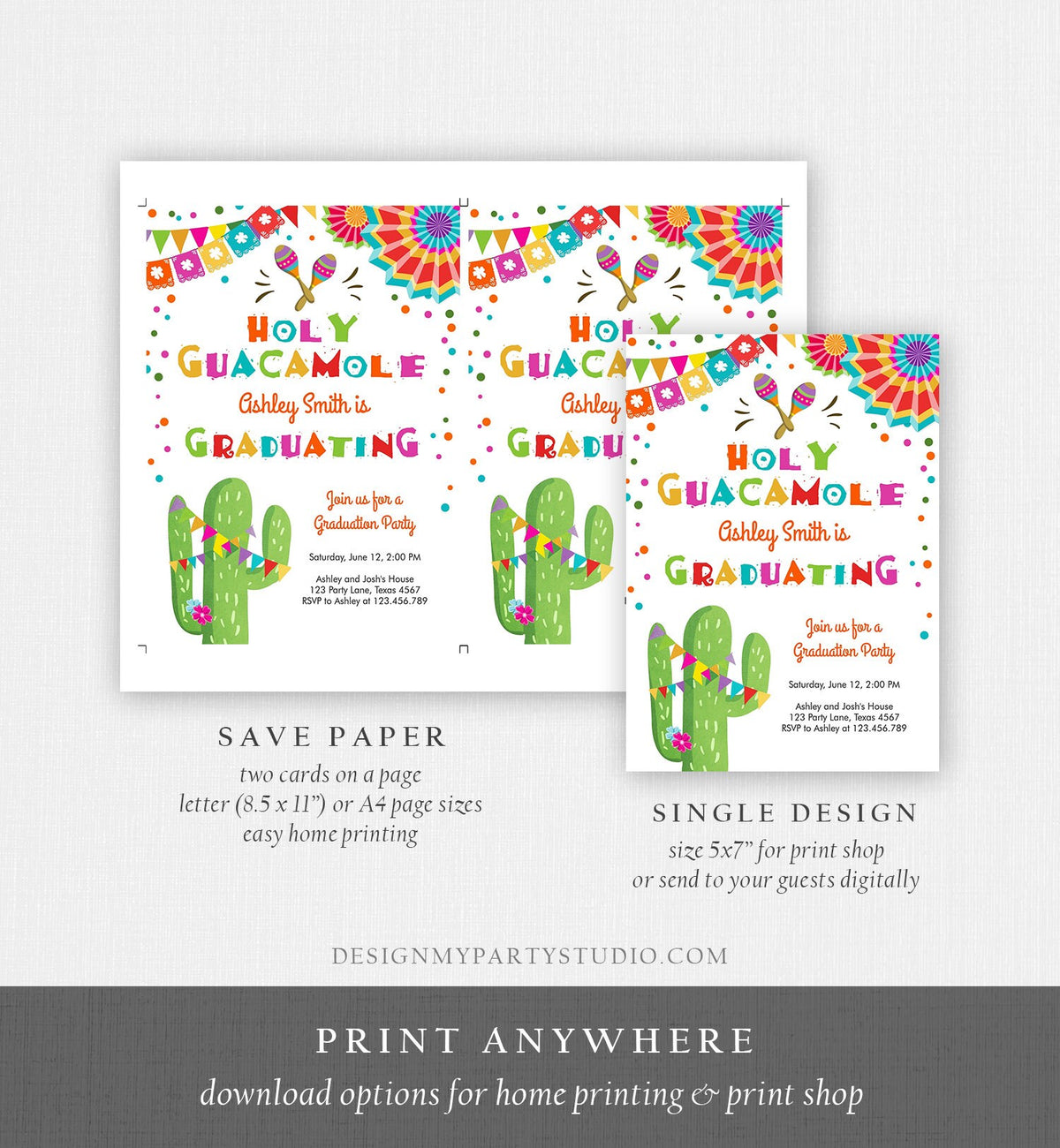 Editable Holy Guacamole Graduation Party Invitation Cactus Let&#39;s Fiesta Grad Mexican Graduate Graduating College School Corjl Template 0045