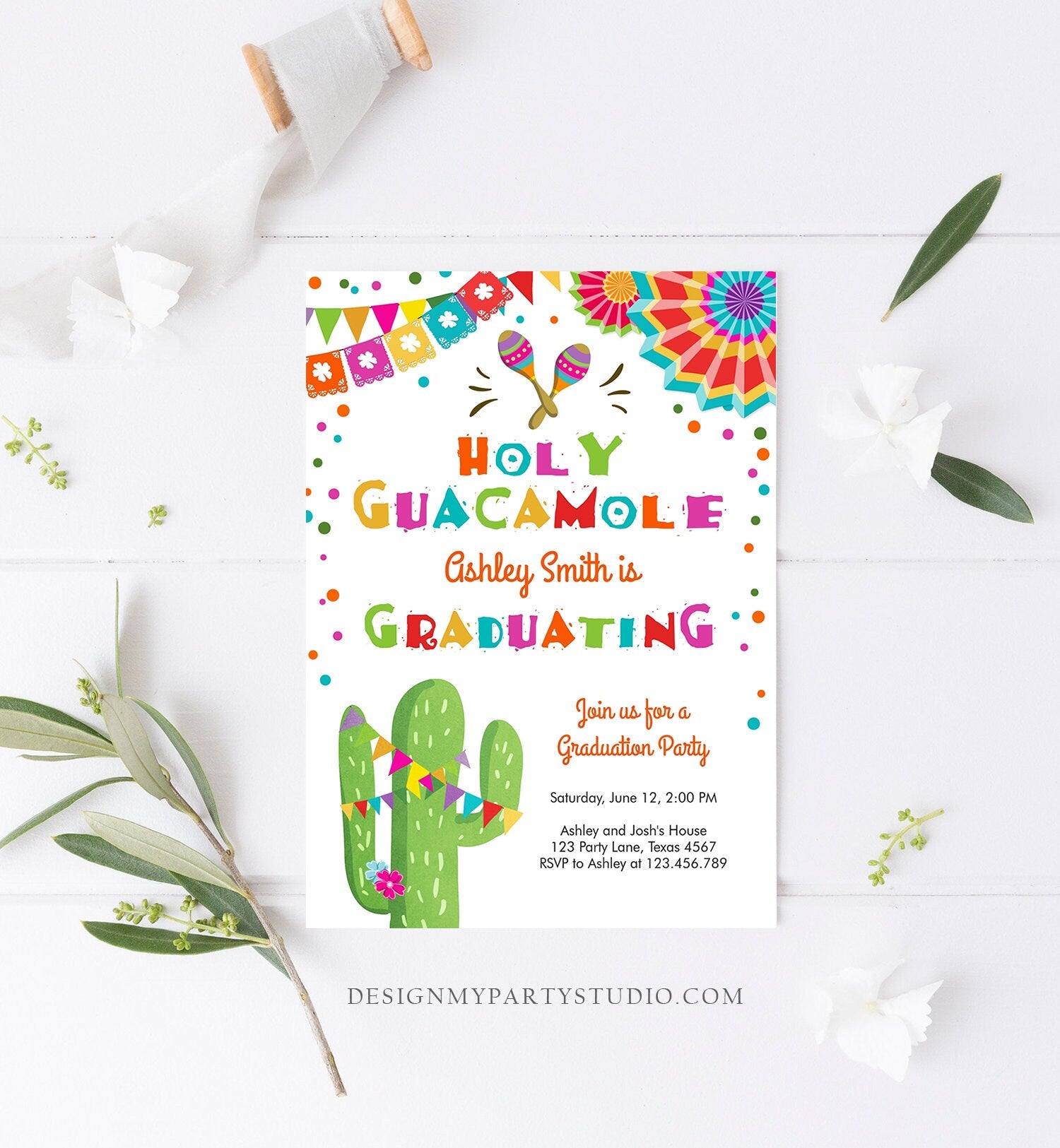 Editable Holy Guacamole Graduation Party Invitation Cactus Let's Fiesta Grad Mexican Graduate Graduating College School Corjl Template 0045