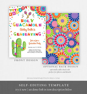 Editable Holy Guacamole Graduation Party Invitation Cactus Let's Fiesta Grad Mexican Graduate Graduating College School Corjl Template 0045
