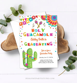 Editable Holy Guacamole Graduation Party Invitation Cactus Let's Fiesta Grad Mexican Graduate Graduating College School Corjl Template 0045