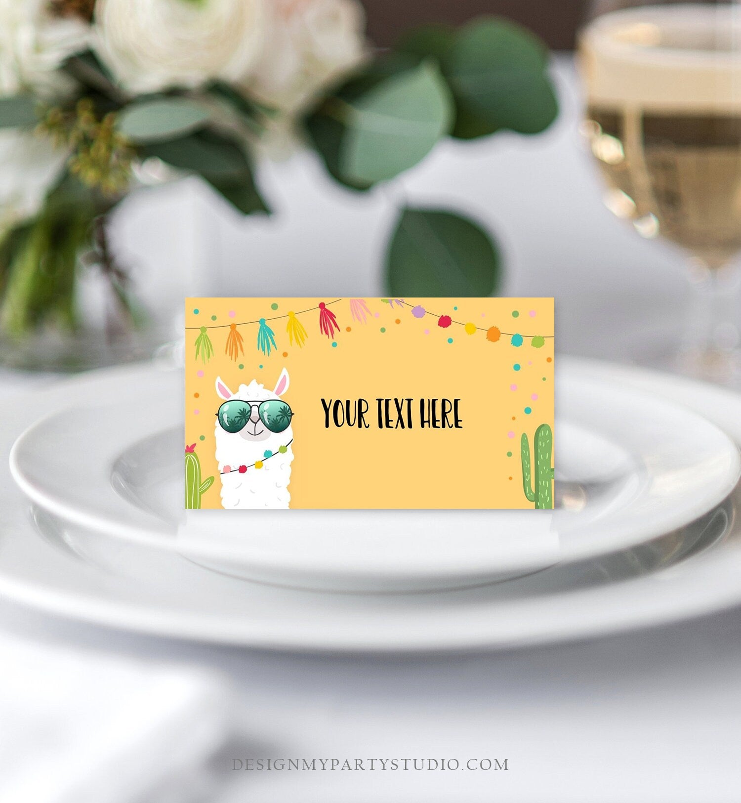 Editable Llama Food Labels Llama Place Card Tent Card Escort Card Llama Birthday Fiesta Party Mexican Yellow Pink Cactus Template Corjl 0079