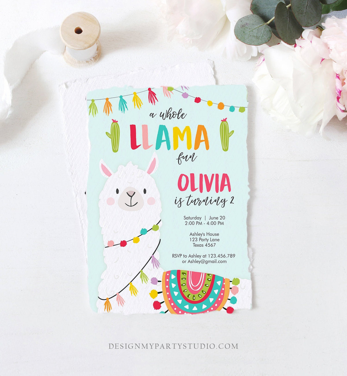 Editable Whole Llama Fun Birthday Invitation Fiesta Mexican Cactus Blue Boy Girl Alpaca Instant Download Corjl Template Printable 0079