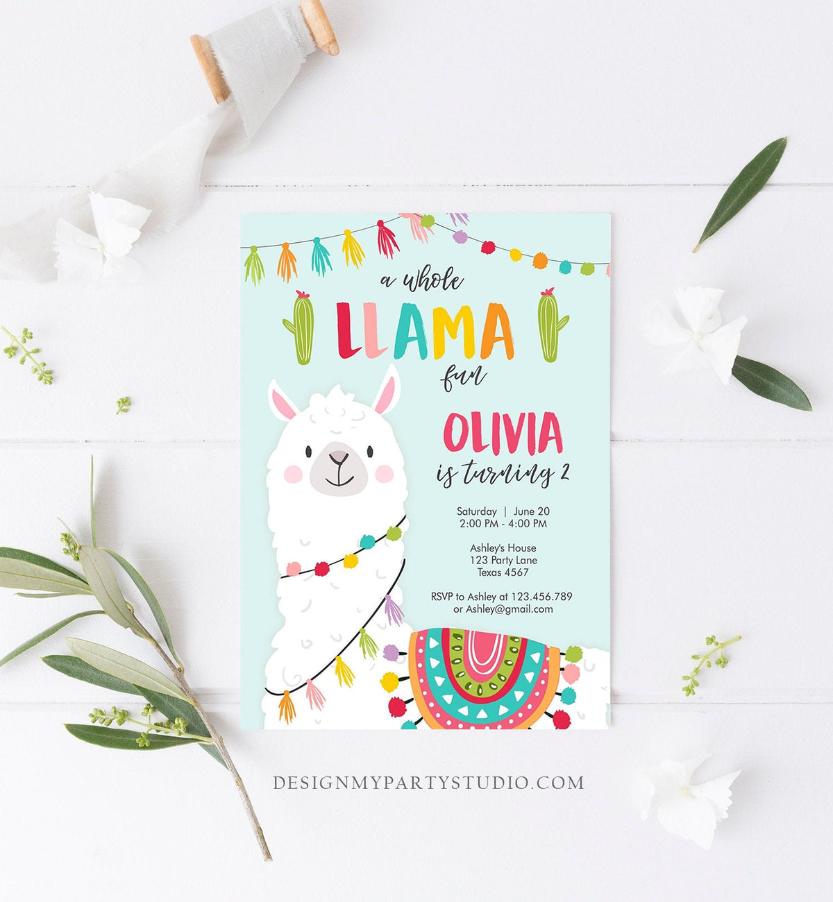 Editable Whole Llama Fun Birthday Invitation Fiesta Mexican Cactus Blue Boy Girl Alpaca Instant Download Corjl Template Printable 0079