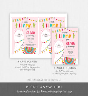 Editable Whole Llama Fun Birthday Invitation Fiesta Mexican Cactus Pink Girl Teal Alpaca Instant Download Corjl Template Printable 0079