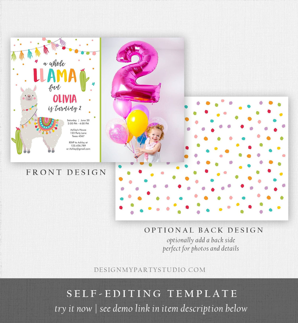 Editable Whole Llama Fun Birthday invitation Llama Cactus Girls Alpaca Fiesta Instant Download Printable Invitation Template Corjl 0079