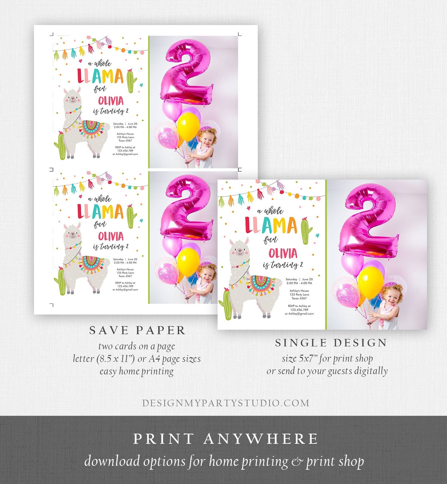 Editable Whole Llama Fun Birthday invitation Llama Cactus Girls Alpaca Fiesta Instant Download Printable Invitation Template Corjl 0079