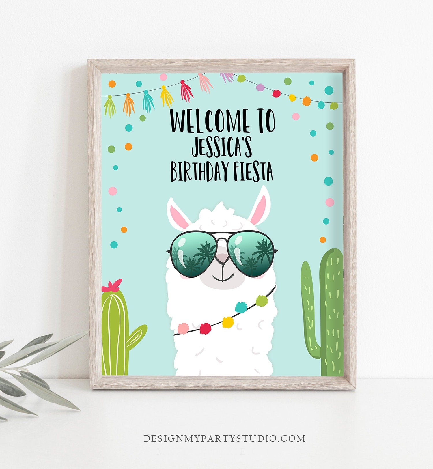 Editable Llama Welcome Sign Sunglasses Birthday Party Whole Llama Alpaca Poster Blue Boy Mexican Fiesta Baby Shower Corjl Template 0079