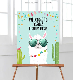 Editable Llama Welcome Sign Sunglasses Birthday Party Whole Llama Alpaca Poster Blue Boy Mexican Fiesta Baby Shower Corjl Template 0079