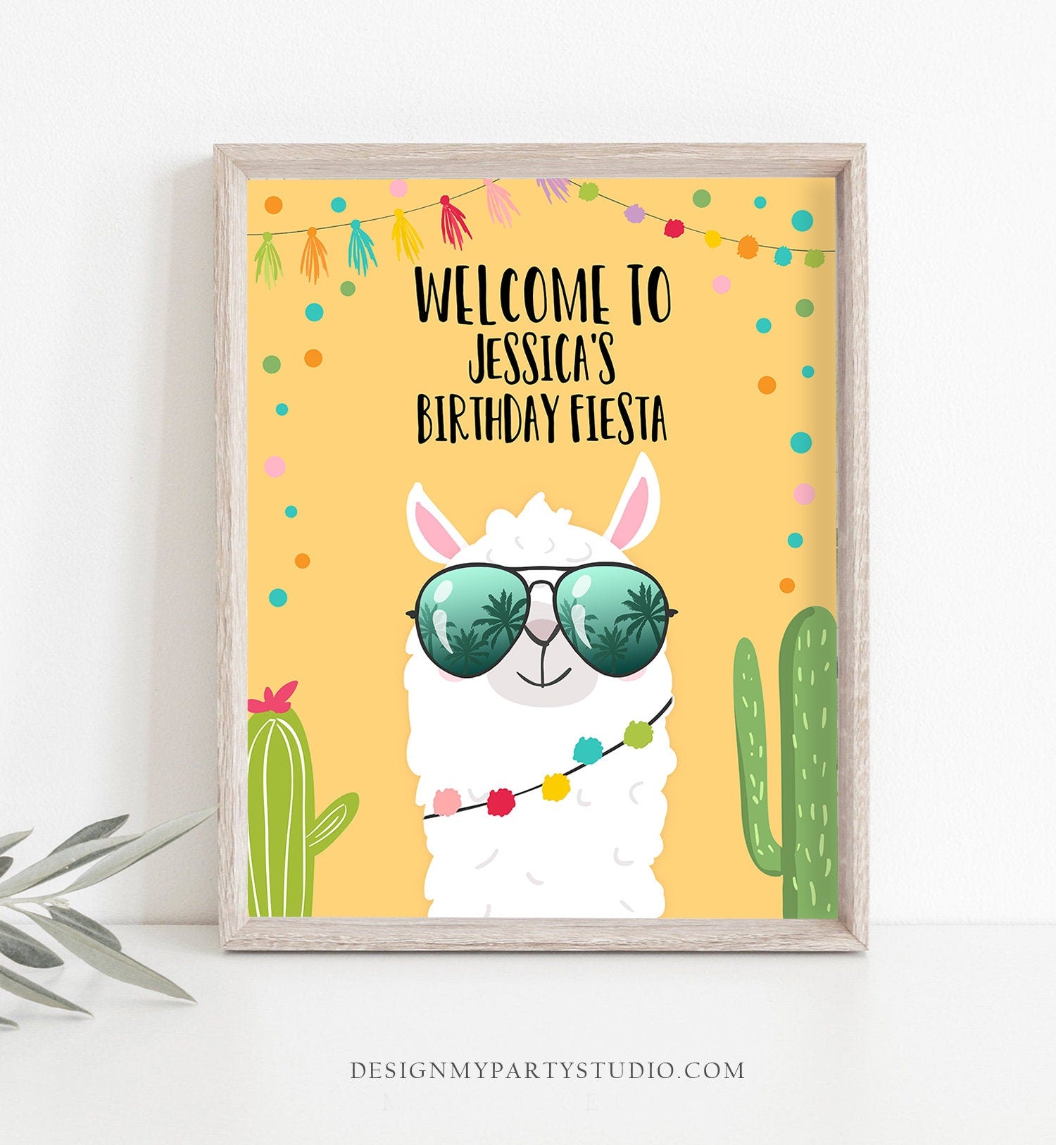 Editable Llama Welcome Sign Sunglasses Birthday Party Whole Llama Alpaca Poster Yellow Neutral Mexican Fiesta Shower Corjl Template 0079