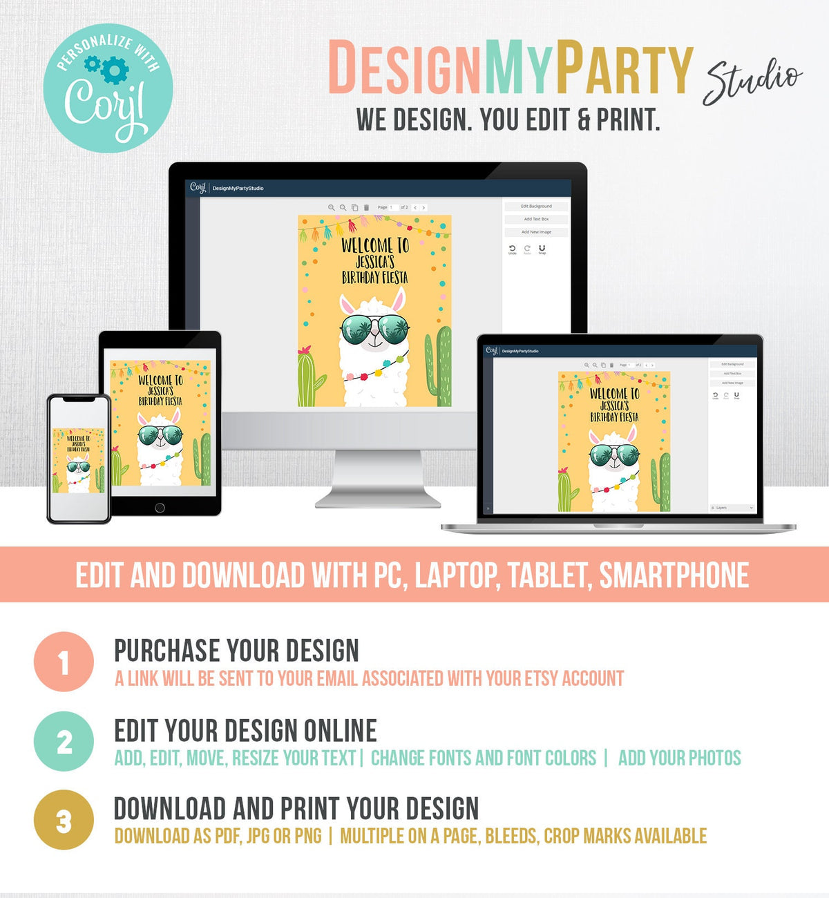 Editable Llama Welcome Sign Sunglasses Birthday Party Whole Llama Alpaca Poster Yellow Neutral Mexican Fiesta Shower Corjl Template 0079