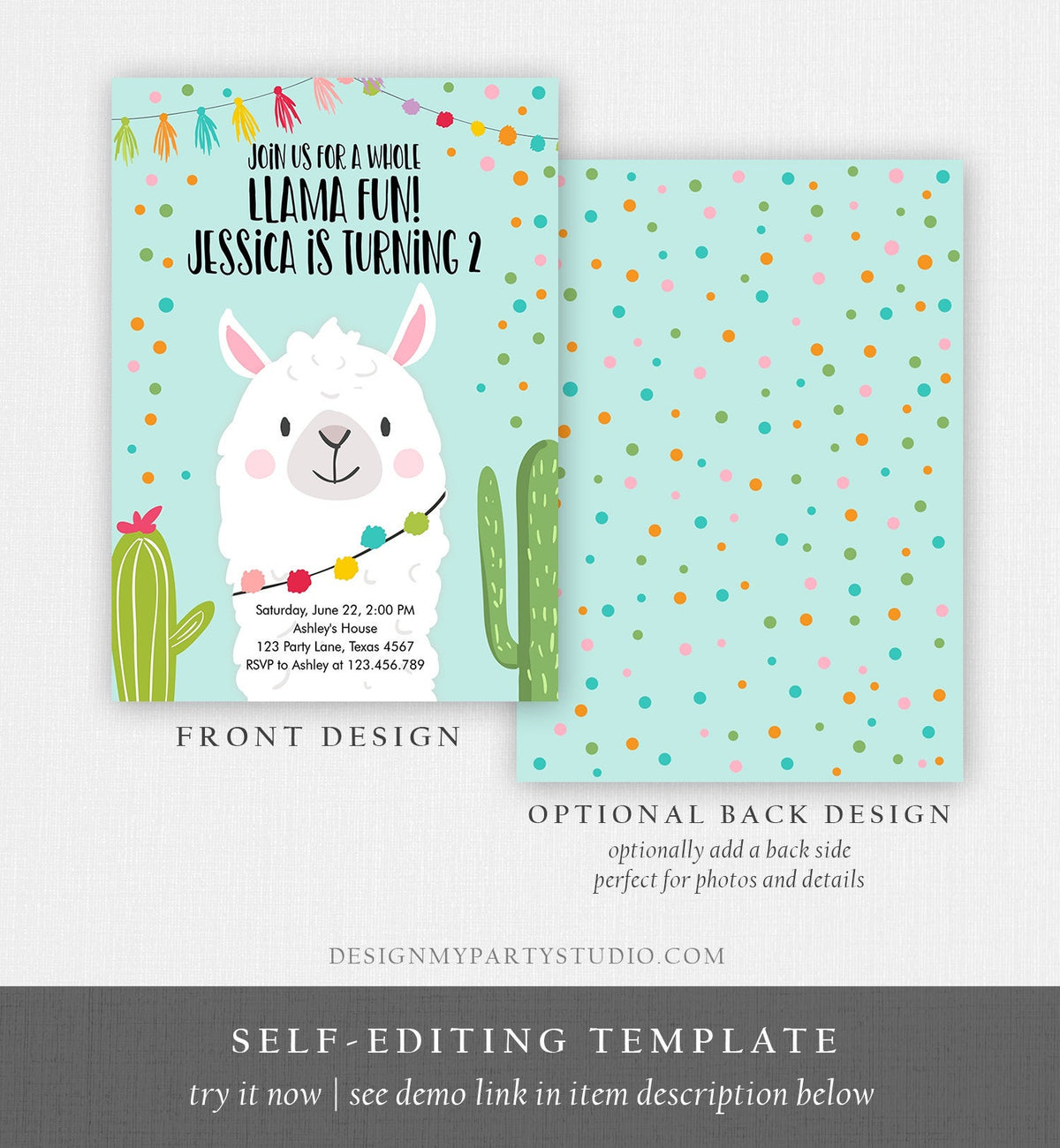 Editable Whole Llama Fun Birthday Invitation Fiesta Llama Cactus Mexican Party Blue Confetti Girl Boy Alpaca Corjl Template Printable 0079