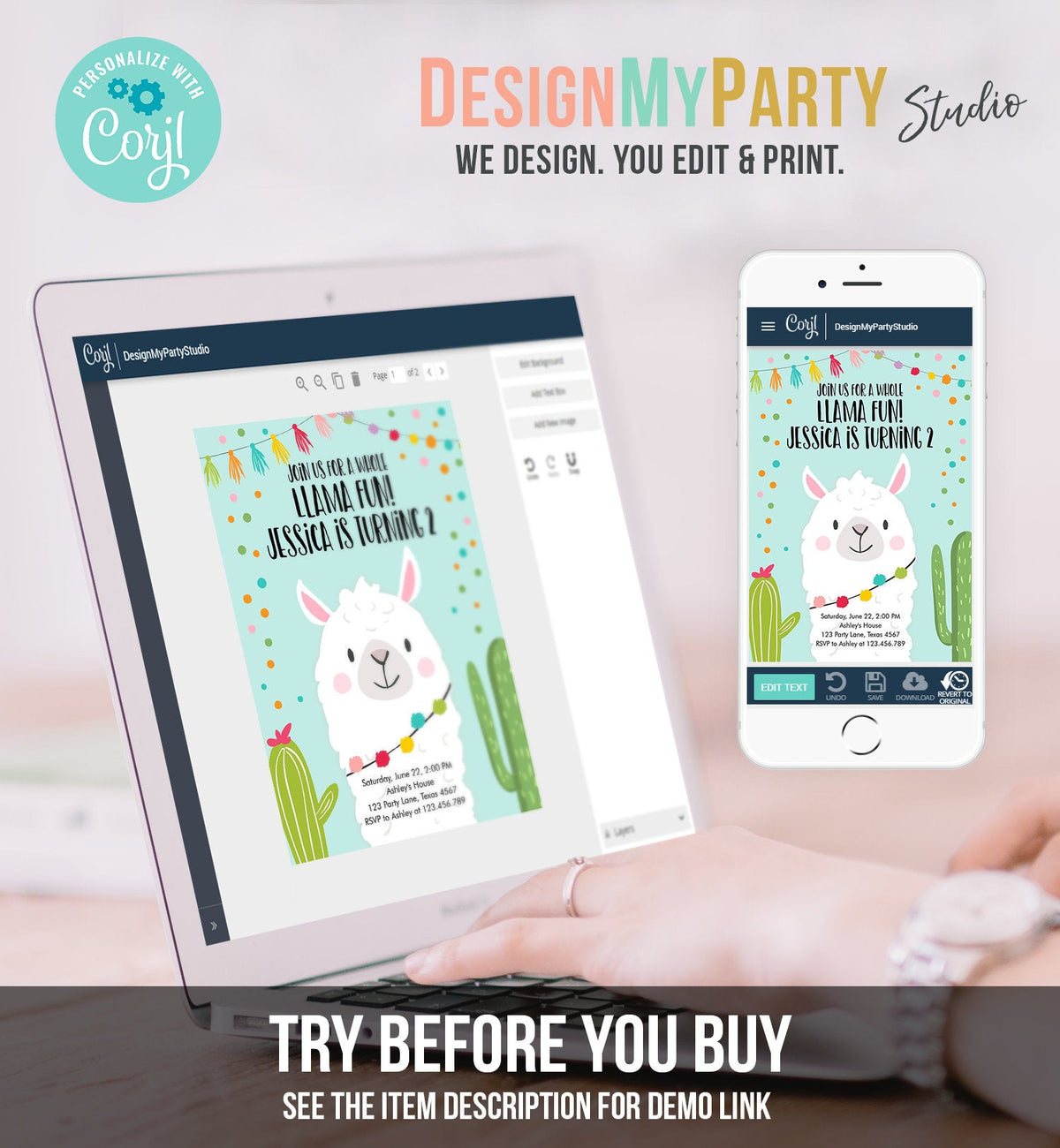 Editable Whole Llama Fun Birthday Invitation Fiesta Llama Cactus Mexican Party Blue Confetti Girl Boy Alpaca Corjl Template Printable 0079