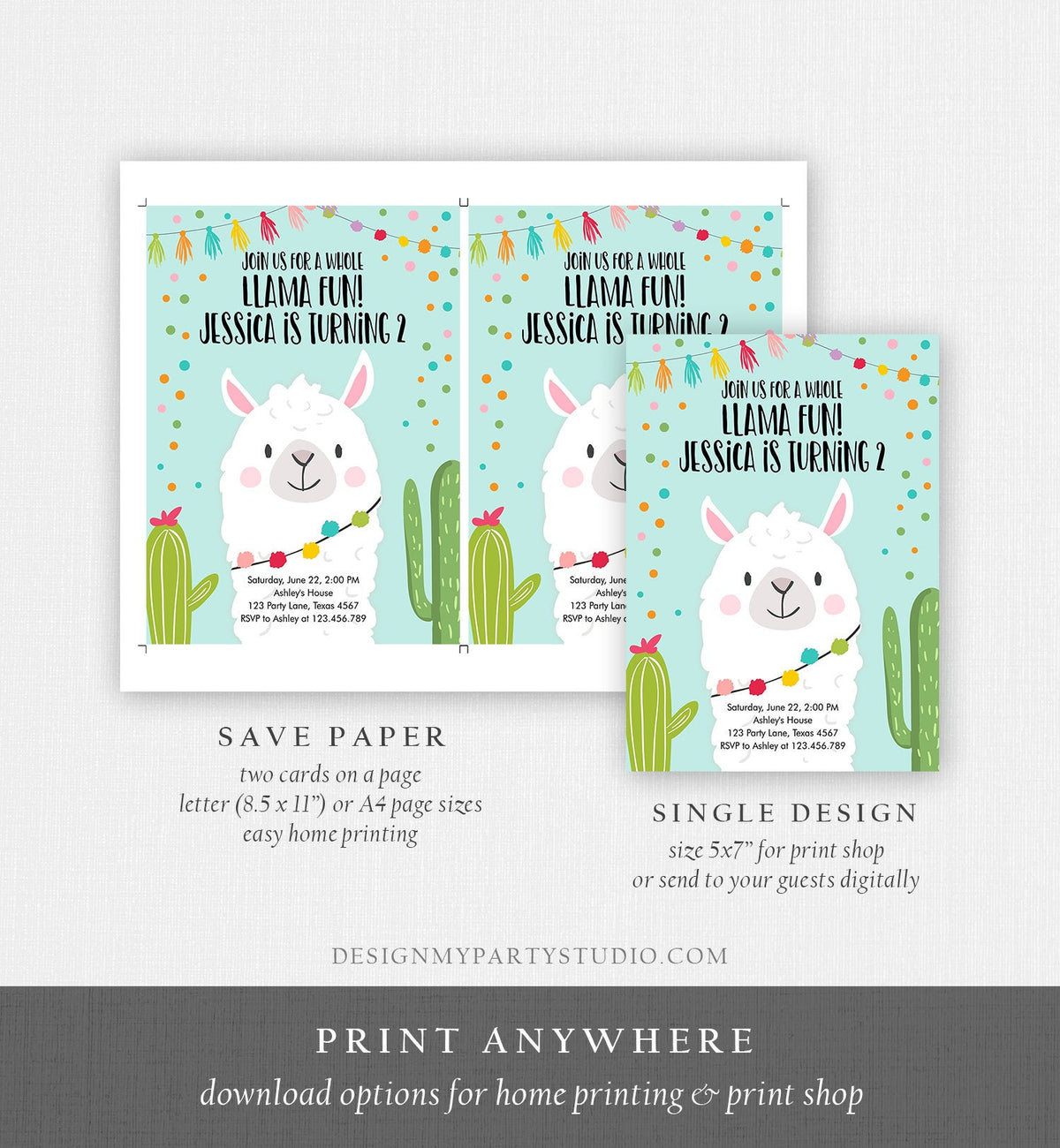 Editable Whole Llama Fun Birthday Invitation Fiesta Llama Cactus Mexican Party Blue Confetti Girl Boy Alpaca Corjl Template Printable 0079