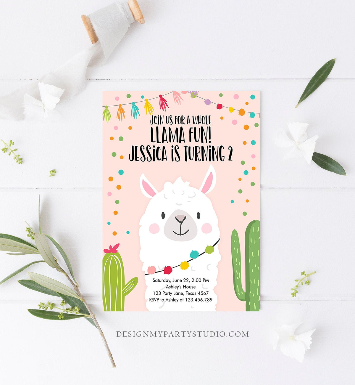 Editable Whole Llama Fun Birthday invitation Fiesta Llama Cactus Mexican Party Pink Confetti Girl Boy Alpaca Corjl Template Printable 0079