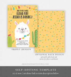Editable Whole Llama Fun Birthday Invitation Fiesta Llama Cactus Mexican Party Yellow Confetti Girl Boy Alpaca Corjl Template Printable 0079