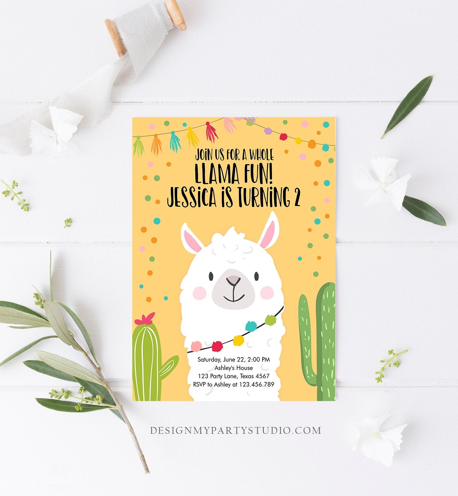 Editable Whole Llama Fun Birthday Invitation Fiesta Llama Cactus Mexic - Design My Party Studio editable-whole-llama-fun-birthday-invitation-fiesta-llama-cactus-mexic-design-my-party-studio