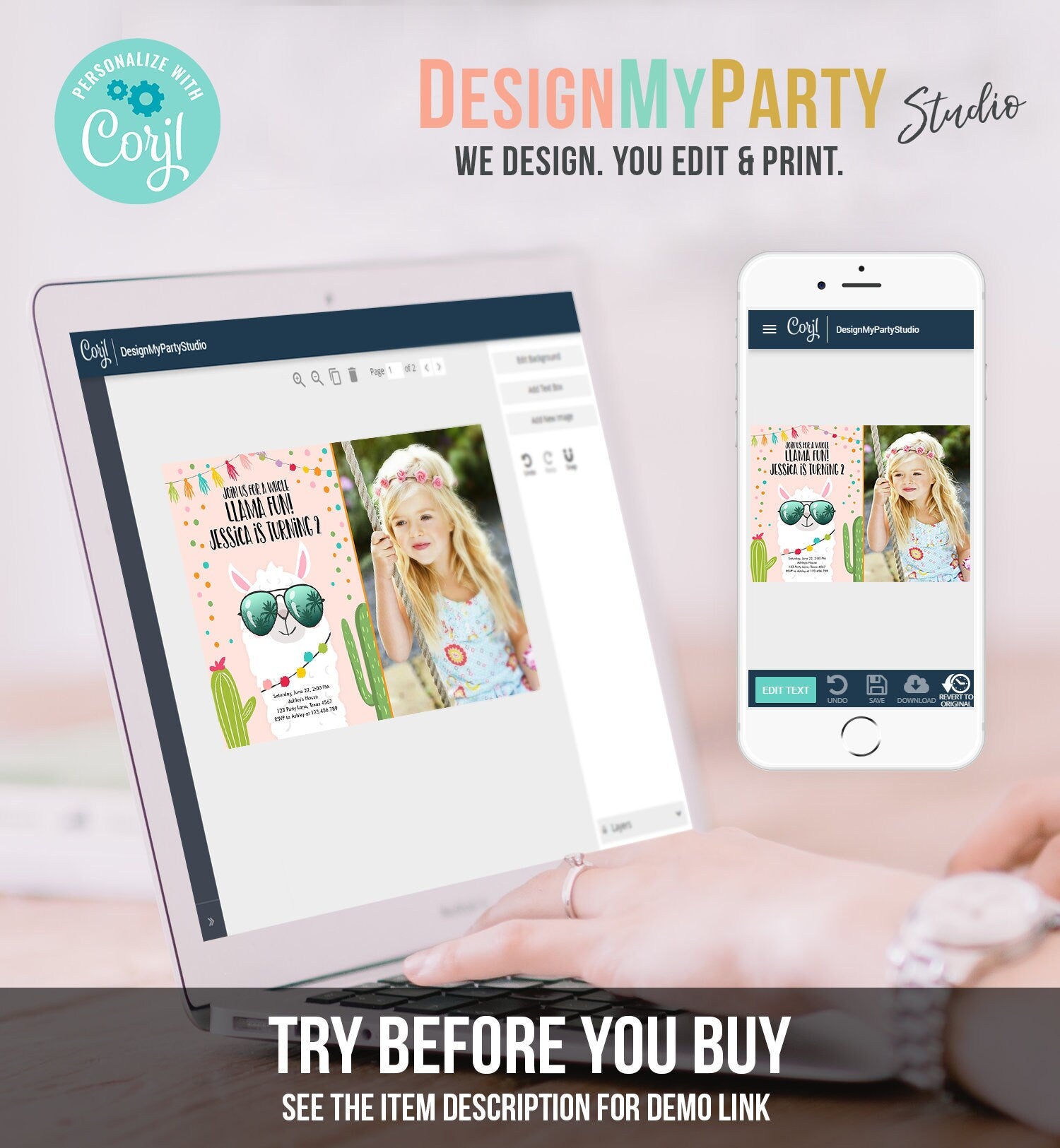 Editable Whole Llama Fun Birthday Invitation Llama Fiesta Cactus Confetti Girl Pink Alpaca Photo Download Printable Template Corjl 0079