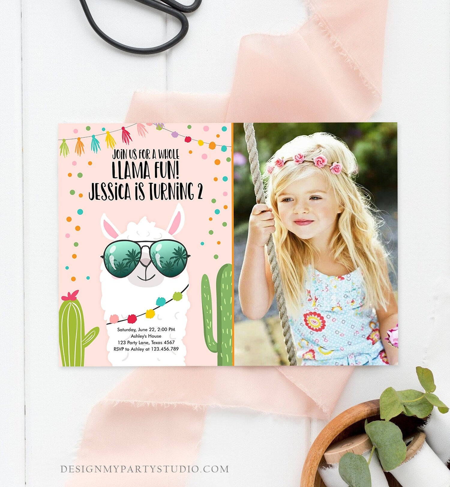 Editable Whole Llama Fun Birthday Invitation Llama Fiesta Cactus Confetti Girl Pink Alpaca Photo Download Printable Template Corjl 0079