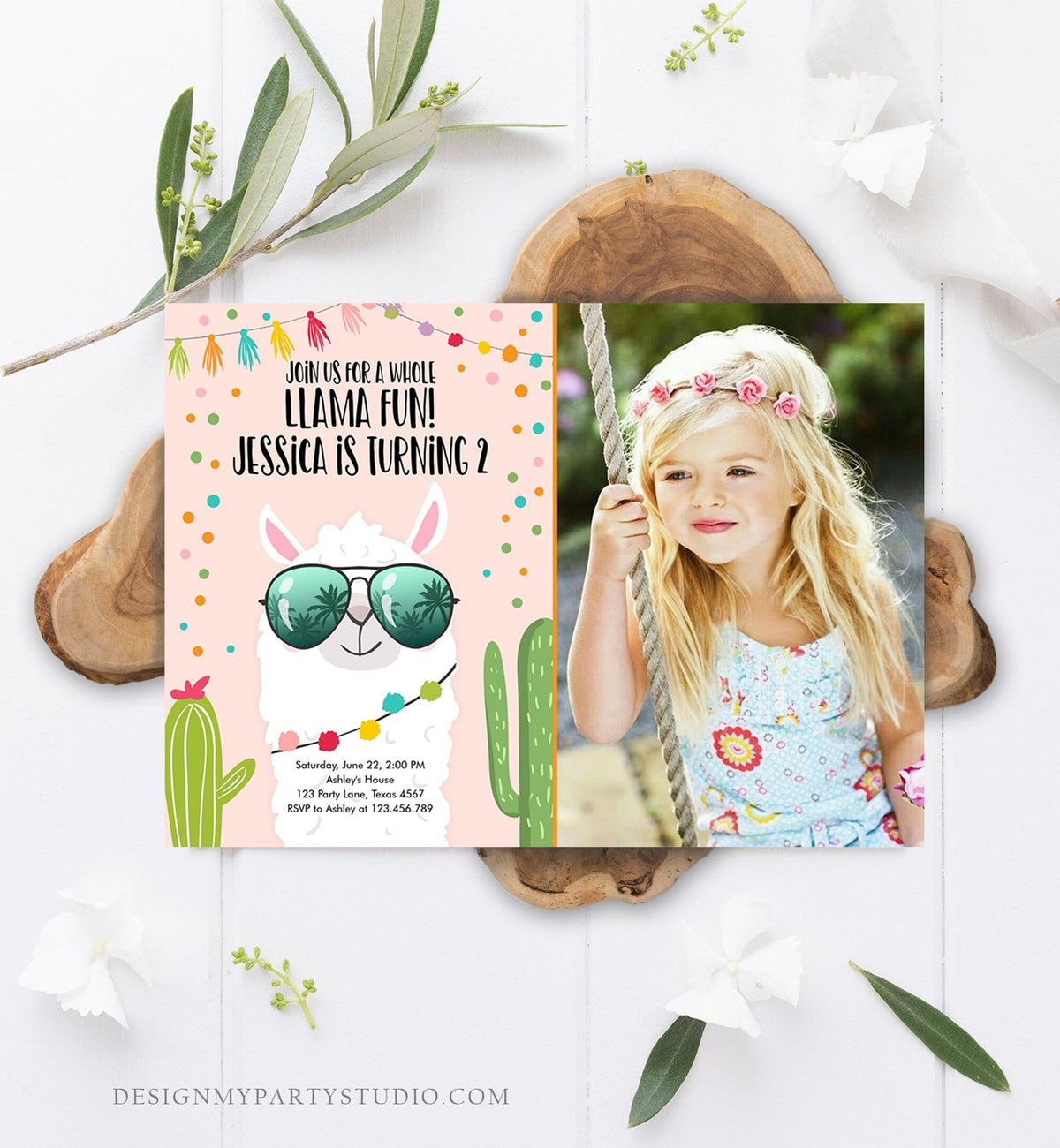 Editable Whole Llama Fun Birthday Invitation Llama Fiesta Cactus Confetti Girl Pink Alpaca Photo Download Printable Template Corjl 0079