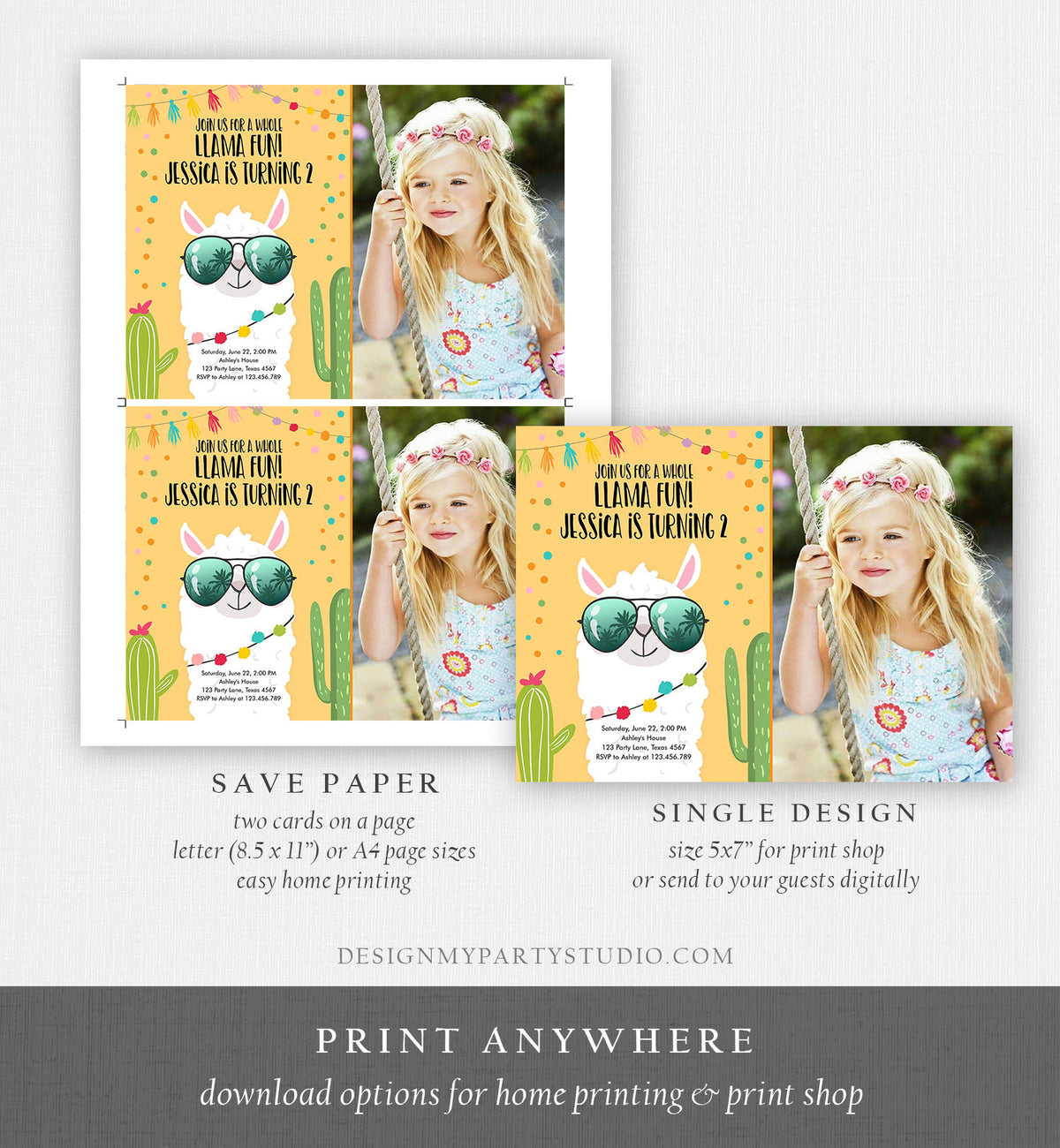 Editable Whole Llama Fun Birthday Invitation Llama Fiesta Cactus Confetti Girl Yellow Alpaca Photo Download Printable Template Corjl 0079