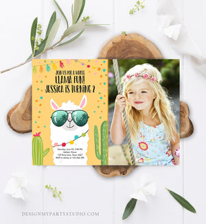 Editable Whole Llama Fun Birthday Invitation Llama Fiesta Cactus Confetti Girl Yellow Alpaca Photo Download Printable Template Corjl 0079