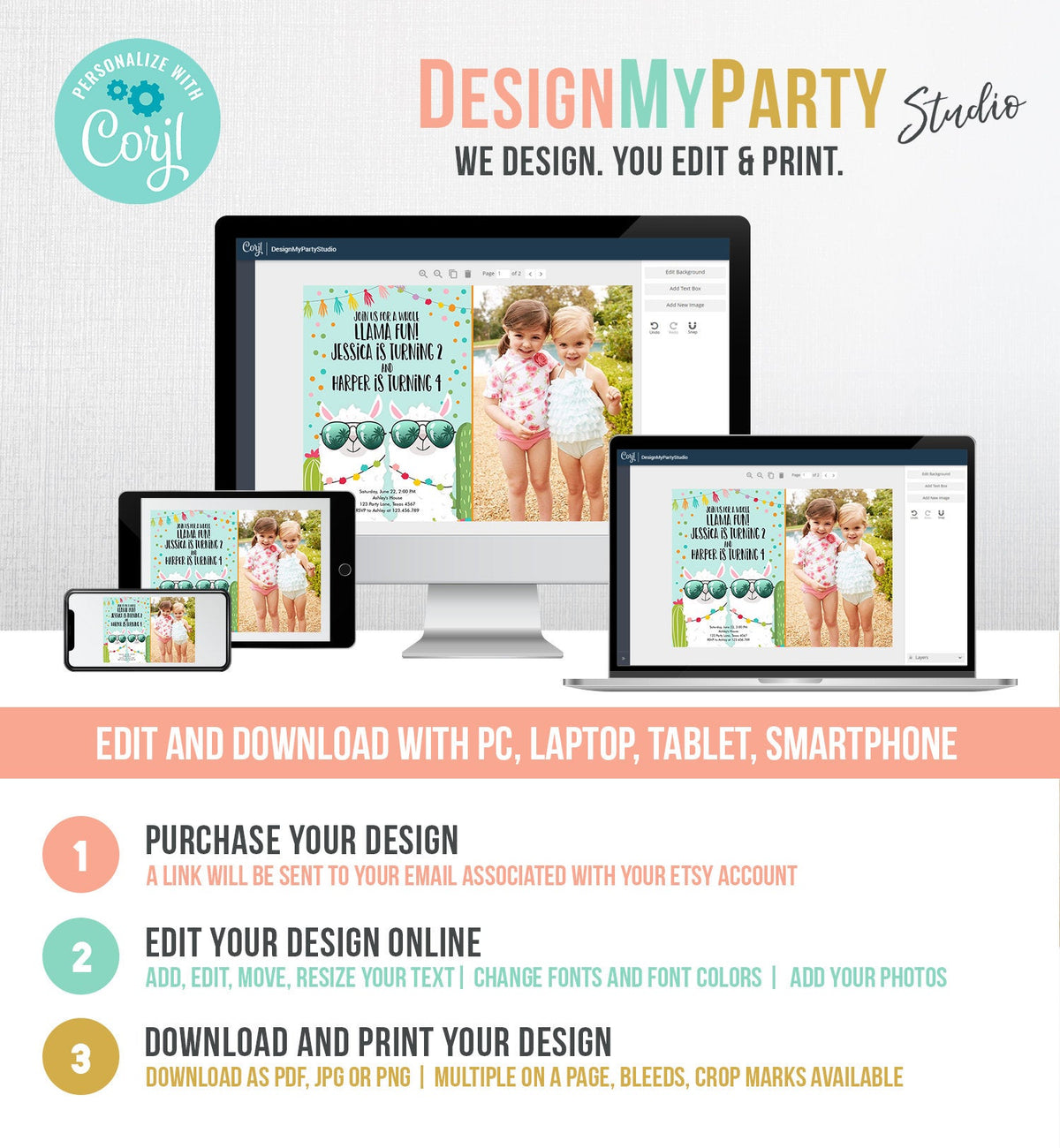 Editable Whole Llama Fun Birthday Invitation Joined Coed Twin Twins Llamas Fiesta Cactus Confetti Girl Blue Photo Alpaca Template Corjl 0079