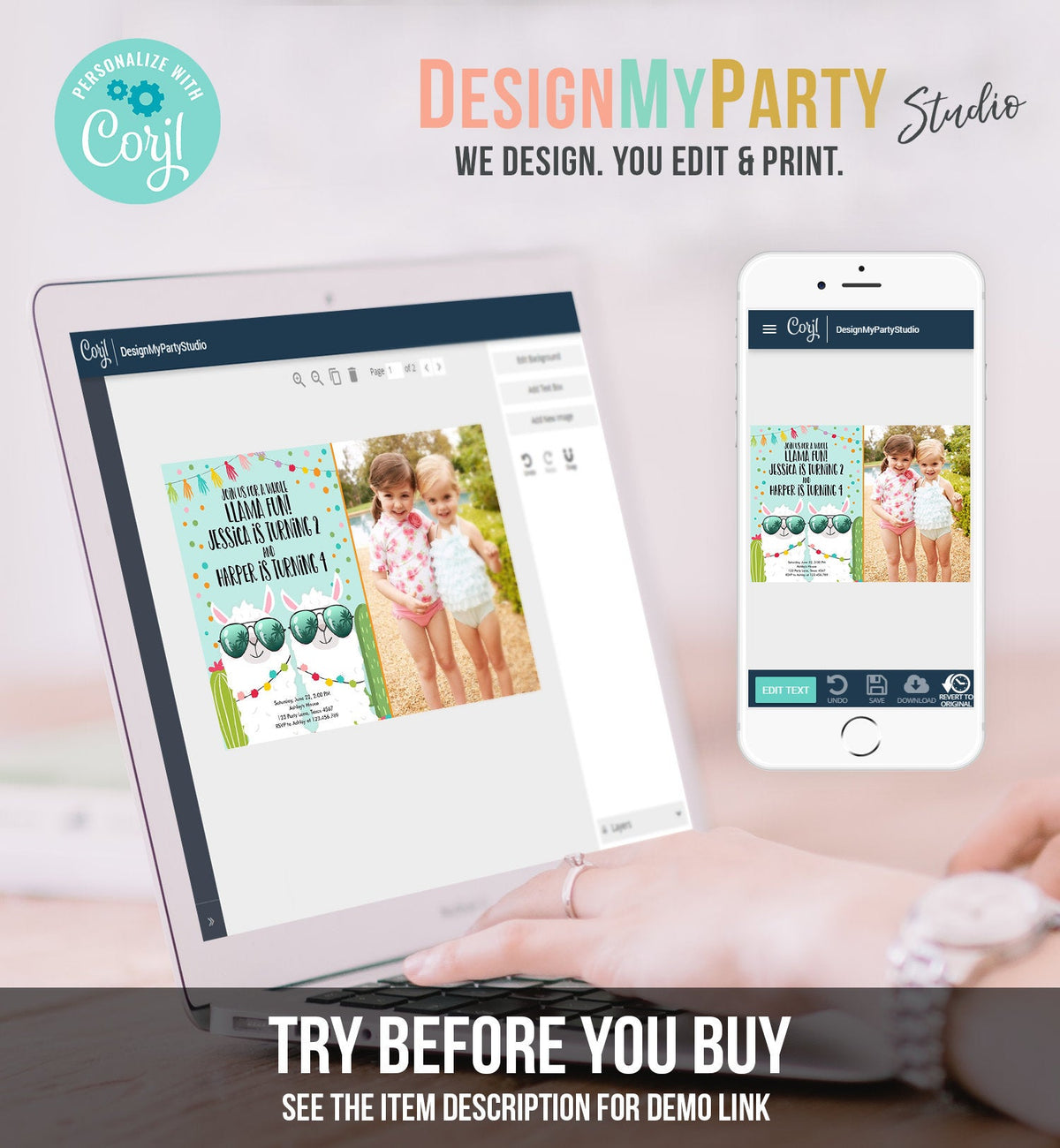 Editable Whole Llama Fun Birthday Invitation Joined Coed Twin Twins Llamas Fiesta Cactus Confetti Girl Blue Photo Alpaca Template Corjl 0079