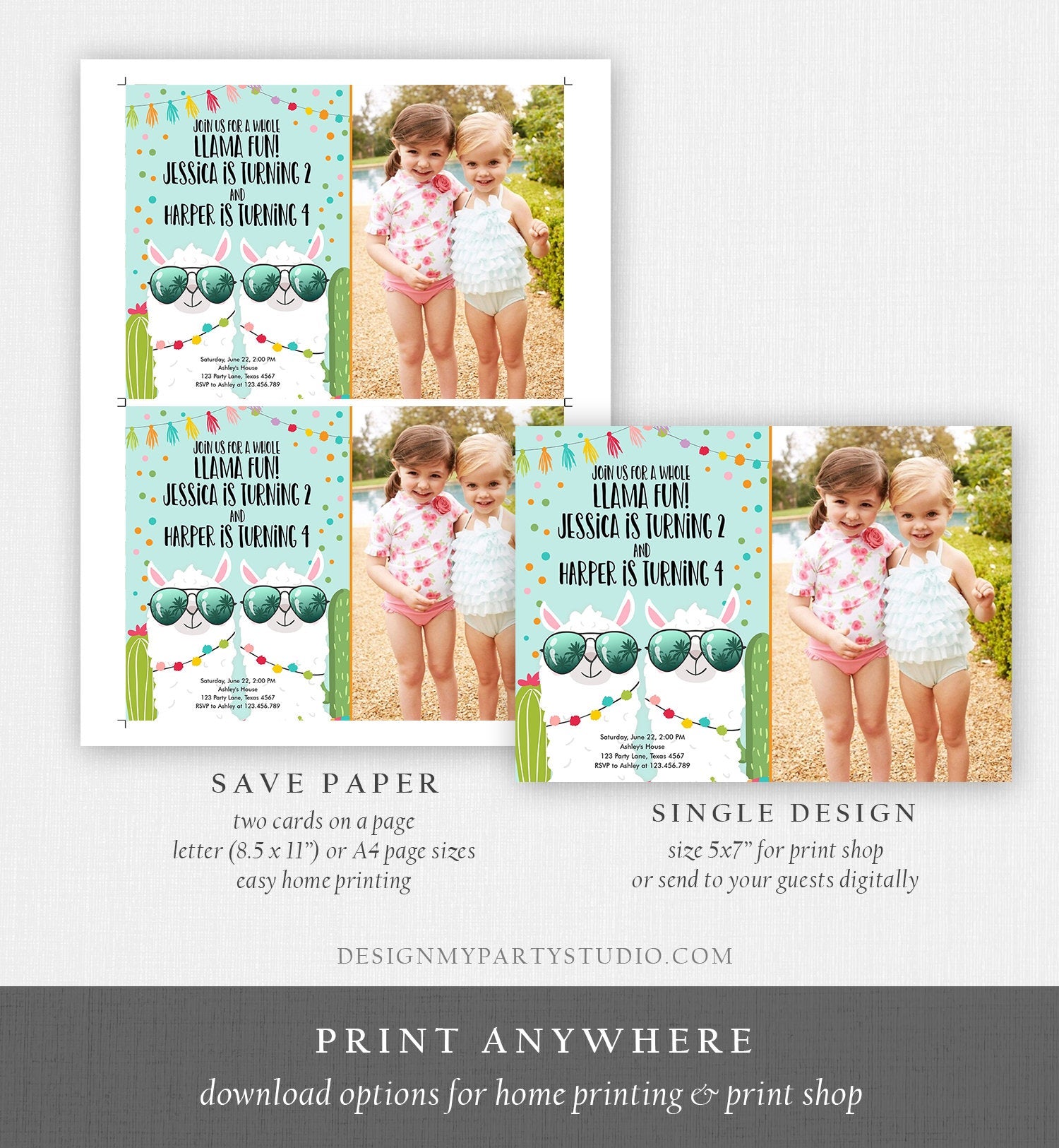 Editable Whole Llama Fun Birthday Invitation Joined Coed Twin Twins Llamas Fiesta Cactus Confetti Girl Blue Photo Alpaca Template Corjl 0079
