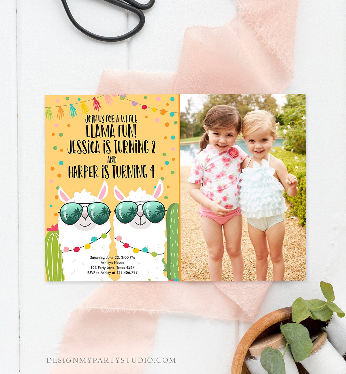 Editable Whole Llama Fun Birthday Invitation Joined Coed Twin Twins Llamas Fiesta Cactus Confetti Girl Yellow Alpaca Template Corjl 0079