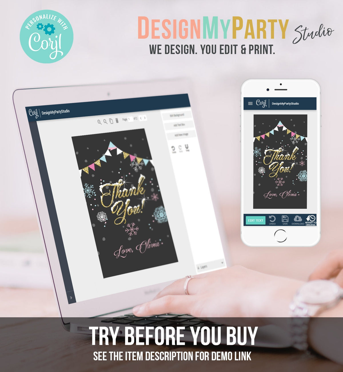 Editable Winter Thank you Tags Pink Gold Snowflakes Snow Winter Onederland Birthday Girl Thank you Baby Shower Template PRINTABLE Corjl 0034