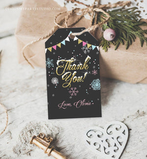 Editable Winter Thank you Tags Pink Gold Snowflakes Snow Winter Onederland Birthday Girl Thank you Baby Shower Template PRINTABLE Corjl 0034