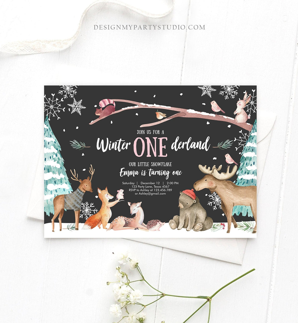 Editable ANY AGE Winter ONEderland Birthday Invitation First Birthday Snowflake Girl Pink Woodland Animals Printable Template Corjl 0195