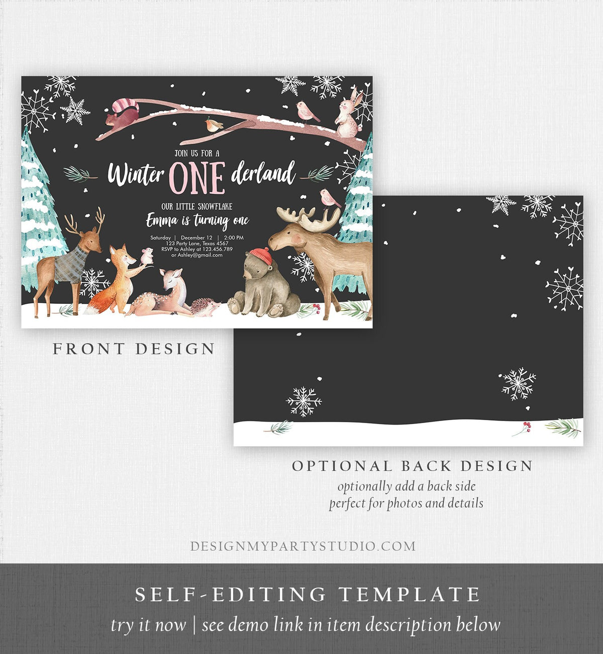 Editable ANY AGE Winter ONEderland Birthday Invitation First Birthday Snowflake Girl Pink Woodland Animals Printable Template Corjl 0195
