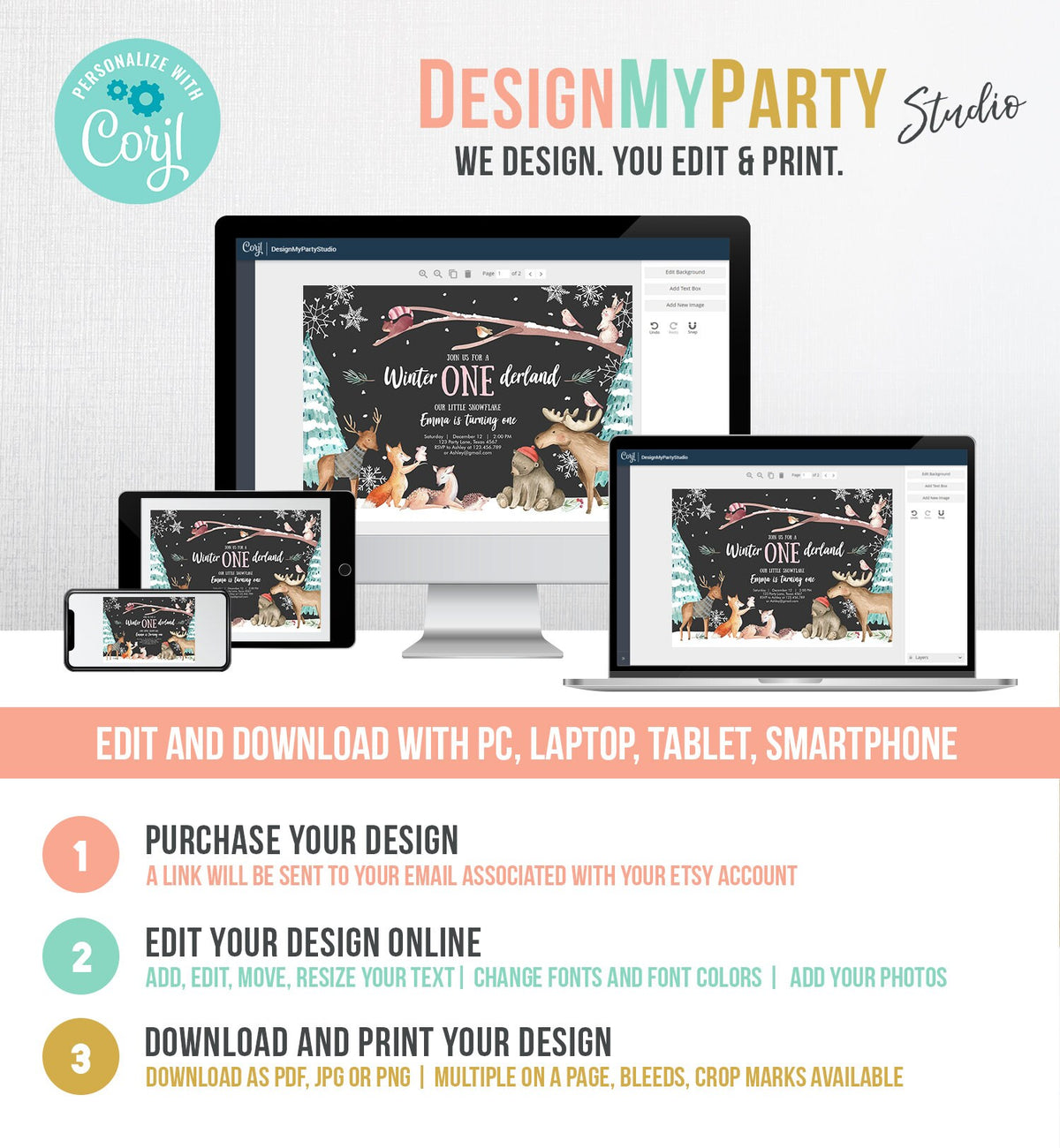 Editable ANY AGE Winter ONEderland Birthday Invitation First Birthday Snowflake Girl Pink Woodland Animals Printable Template Corjl 0195