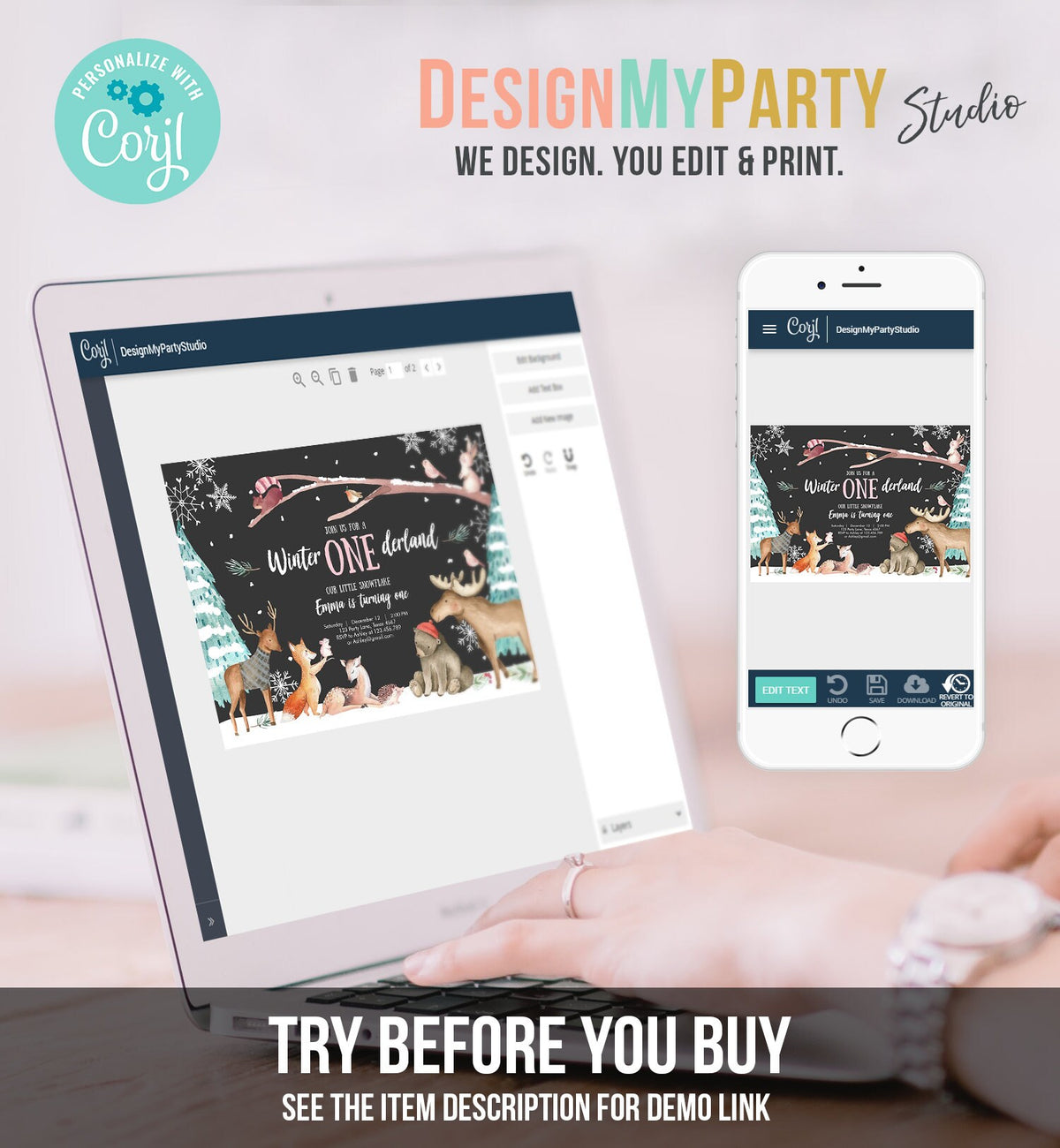 Editable ANY AGE Winter ONEderland Birthday Invitation First Birthday Snowflake Girl Pink Woodland Animals Printable Template Corjl 0195