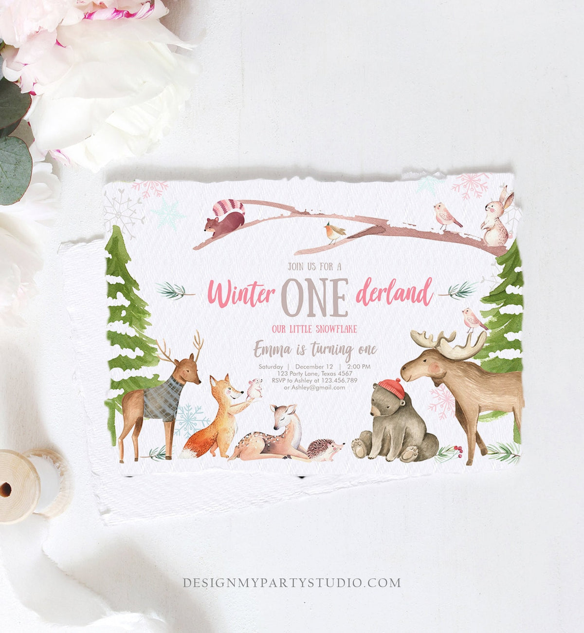 Editable ANY AGE Winter ONEderland Birthday Invitation First Birthday Snowflake Girl Pink Woodland Animals Printable Template Corjl 0195