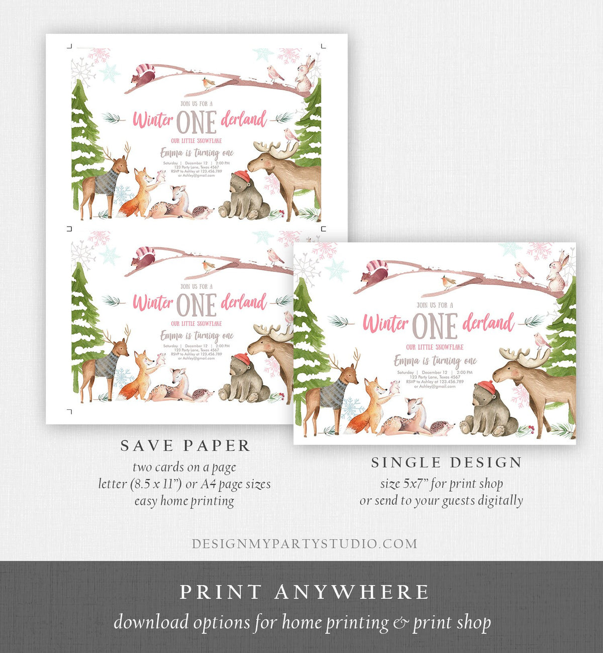 Editable ANY AGE Winter ONEderland Birthday Invitation First Birthday Snowflake Girl Pink Woodland Animals Printable Template Corjl 0195