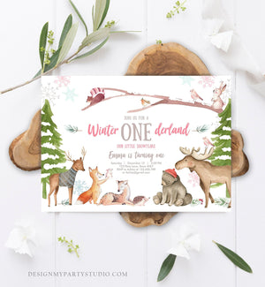 Editable ANY AGE Winter ONEderland Birthday Invitation First Birthday Snowflake Girl Pink Woodland Animals Printable Template Corjl 0195