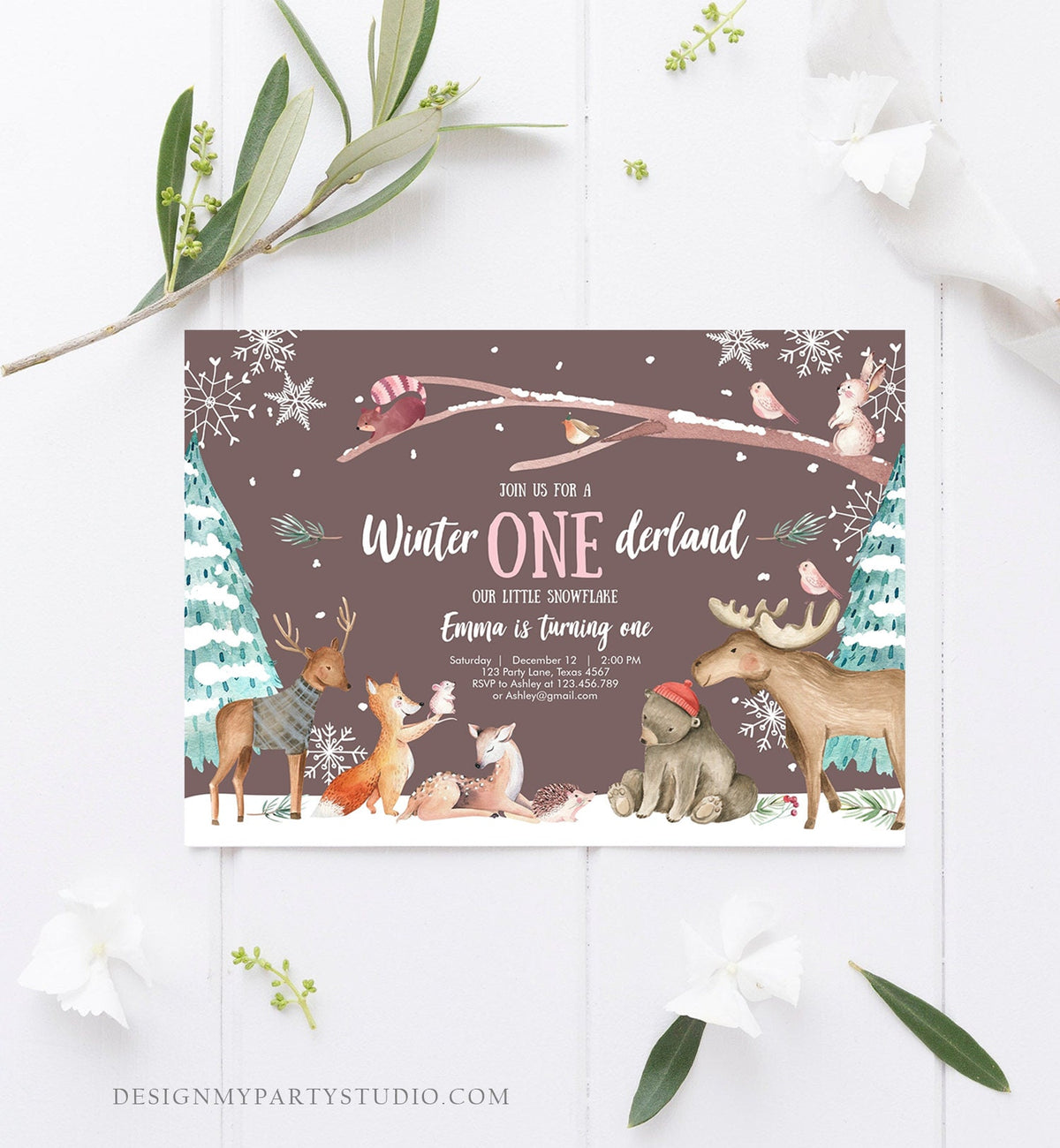 Editable ANY AGE Winter ONEderland Birthday Invitation First Birthday Snowflake Girl Pink Woodland Animals Printable Template Corjl 0195