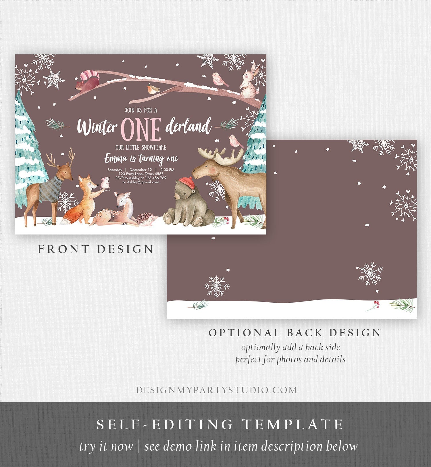 Editable ANY AGE Winter ONEderland Birthday Invitation First Birthday Snowflake Girl Pink Woodland Animals Printable Template Corjl 0195