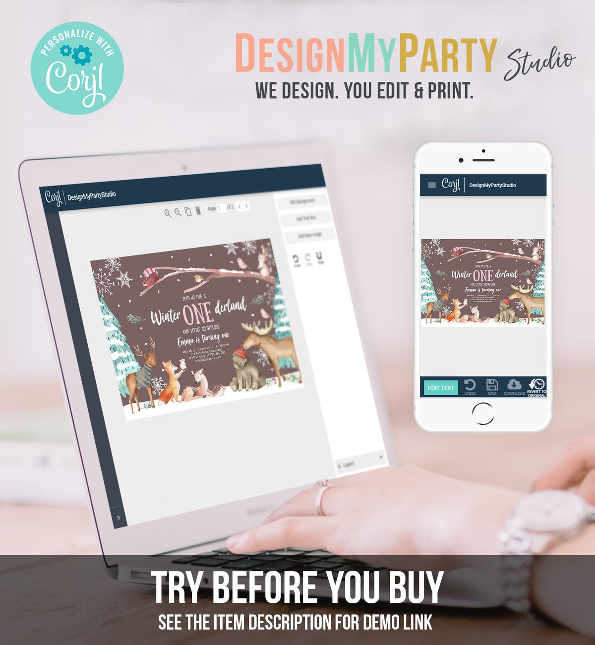 Editable ANY AGE Winter ONEderland Birthday Invitation First Birthday Snowflake Girl Pink Woodland Animals Printable Template Corjl 0195