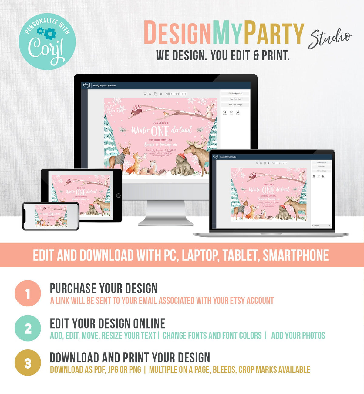 Editable ANY AGE Winter ONEderland Birthday Invitation First Birthday Snowflake Girl Pink Woodland Animals Printable Template Corjl 0195