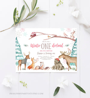 Editable ANY AGE Winter ONEderland Birthday Invitation Winter Wonderland Snowflake Girl Pink Woodland Animals Printable Template Corjl 0195