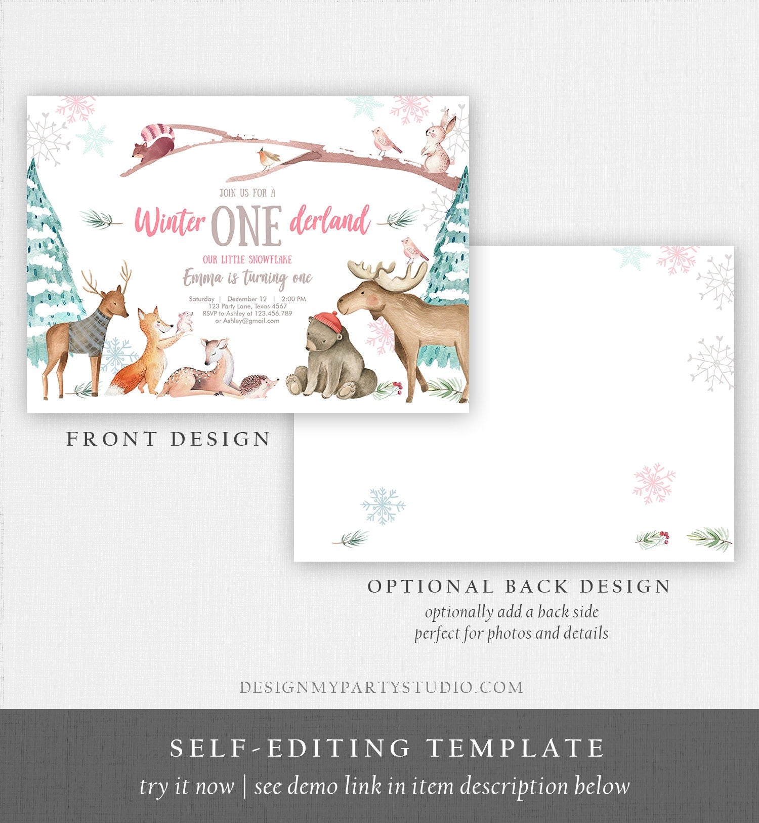 Editable ANY AGE Winter ONEderland Birthday Invitation Winter Wonderland Snowflake Girl Pink Woodland Animals Printable Template Corjl 0195